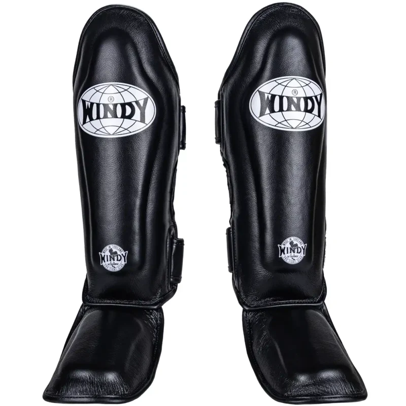 Windy Leather Muay-Thai Shinguards in Black front view