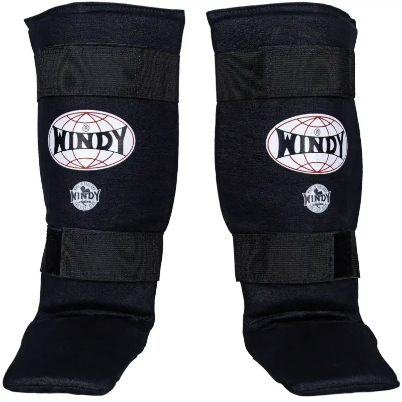 Windy Cotton Kickboxing Shin Guards in Black front view