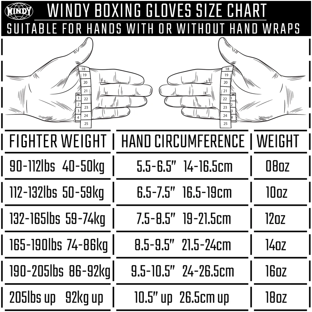 Boxing gloves size chart